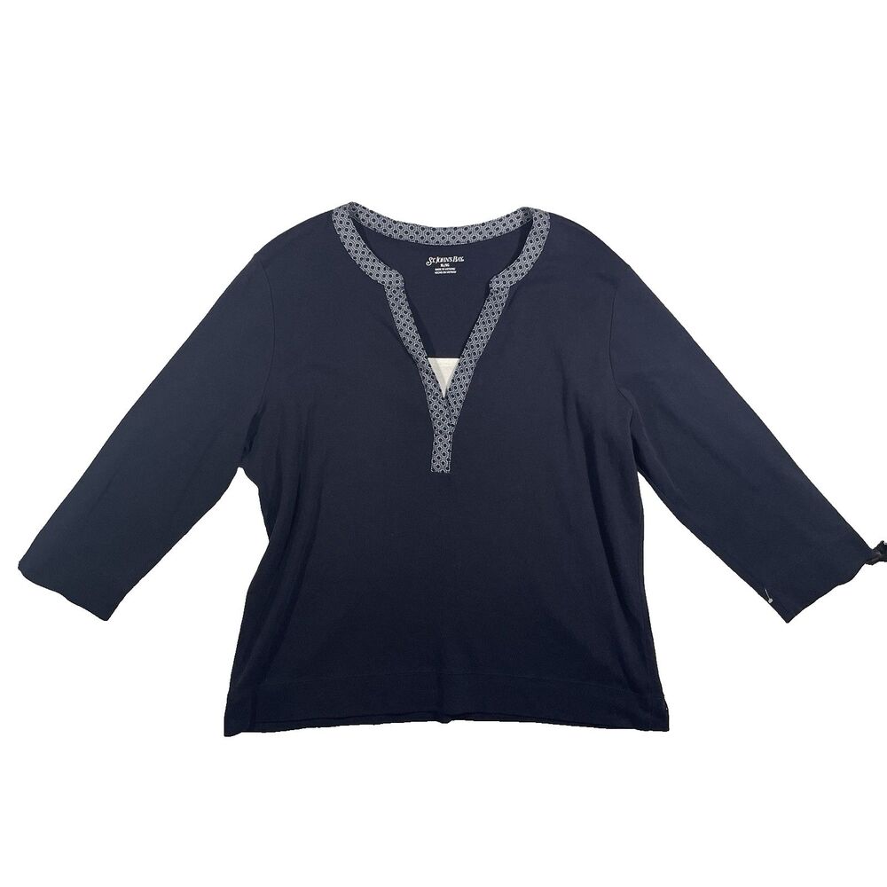 St Johns Bay Navy Blue Top XL 3/4 Sleeve Knit Shirt V-Neck Casual Minimalist Tee